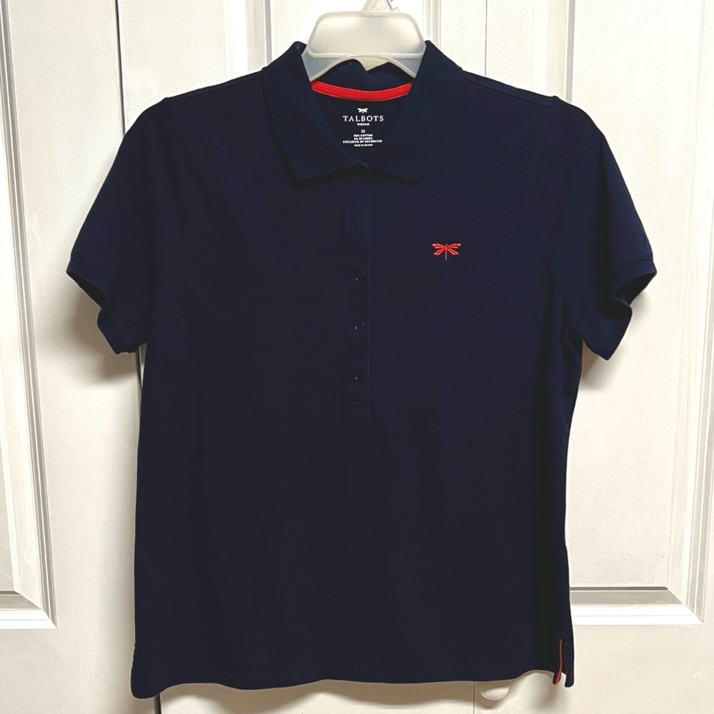 Talbots Navy Polo Top with Red Dragonfly Embroidery Plus Size 1X